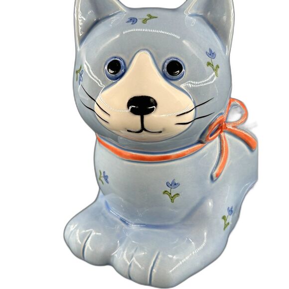 VTG Otagiri Japan Blue Cat With Floral Accents Pink Ribbon Small Planter - Picture 8 of 8